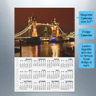 Carte Magnétique London Fridge Calendar 2026, Tower Bridge at Night