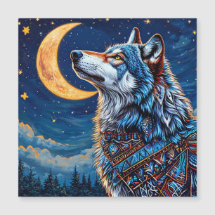 Carte Magnétique Loup sous le croissant de lune la nuit