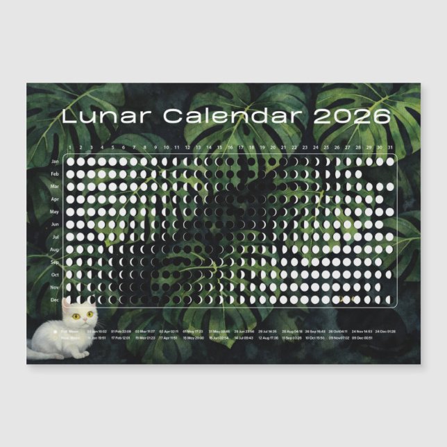 Carte Magnétique Lunar Calendar 2026 Moon Phases Monstera cats (Devant)