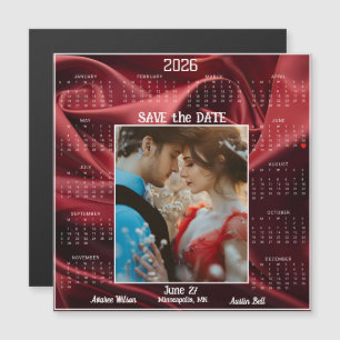 Carte Magnétique Luxueux Satin Rouge Rubis pour Sauvegarder la Date