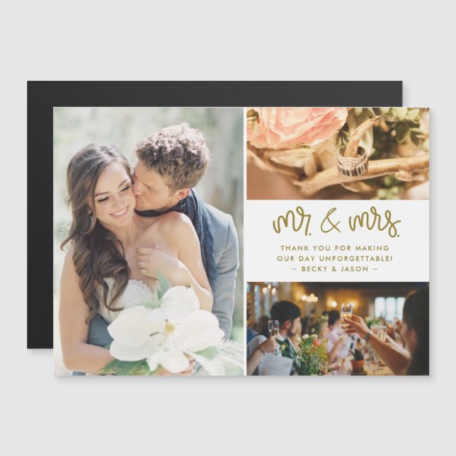 Carte Magnétique M. et Mme Photo Gold Mariage Merci (Devant / Derrière)