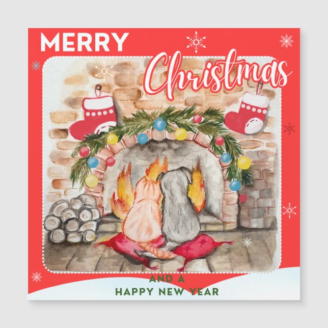 Carte Magnétique Manoir de Noël confortable avec chien et chat (Devant)