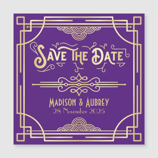 Carte Magnétique Mariage Art déco Elegant Gold Purple Enregistrer l (Devant)