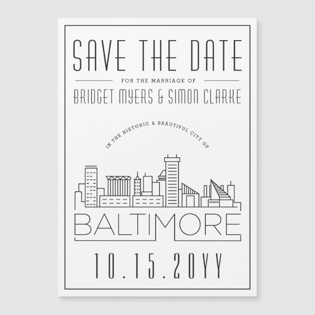 Carte Magnétique Mariage Baltimore | Skyline stylisée Enregistrer l (Devant)