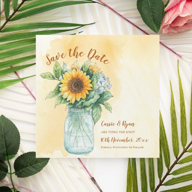Carte Magnétique Mariage campagnard Mason Jar de tournesols Enregis (Sunflowers Mason Jar Country Wedding Save the Date)