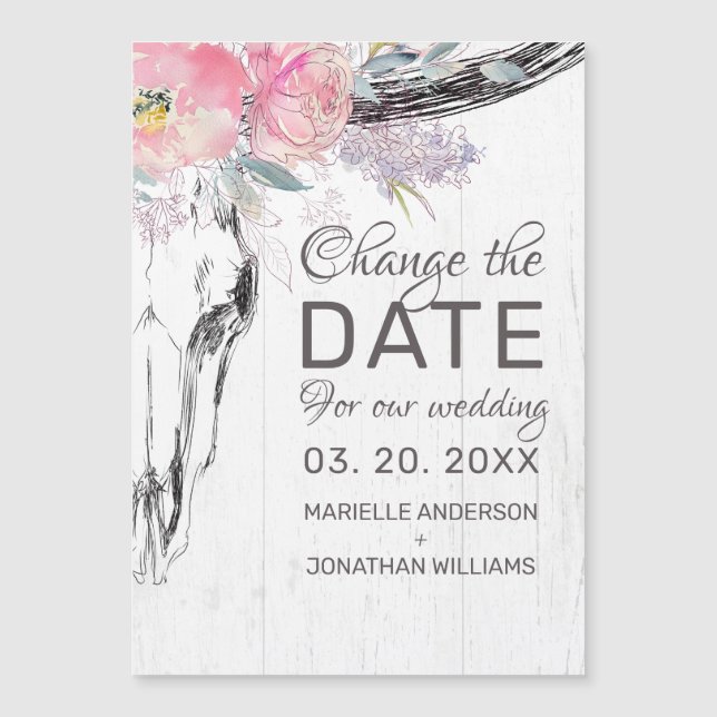 Carte Magnétique Mariage Changer la date Rustic Cow Skull Floral (Devant)