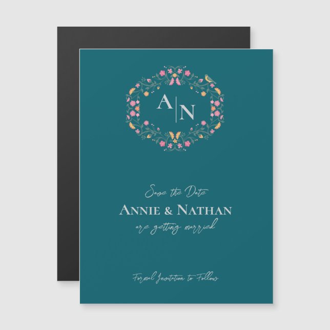 Carte Magnétique Mariage de cadre floral complexe vert Monogramme (Devant / Derrière)