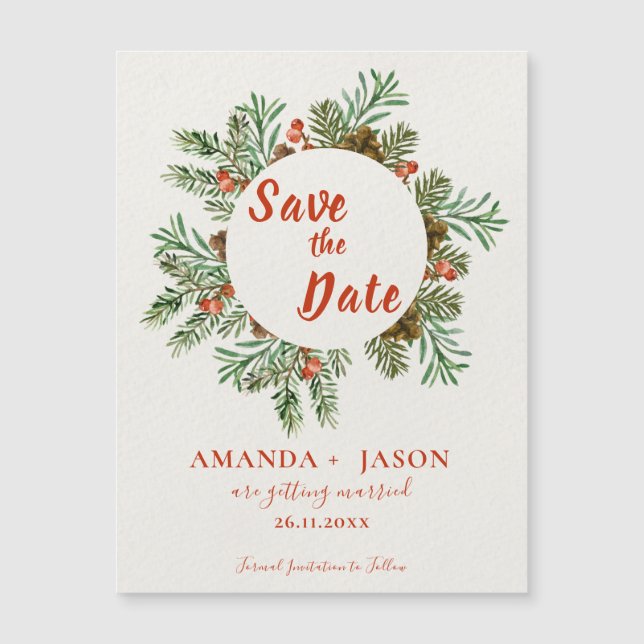 Carte Magnétique Mariage de Noël des Berries rouges rustiques Sauve (Devant)