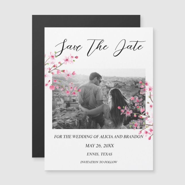 Carte Magnétique Mariage de photos de fleurs de cerisier rose Magne (Devant / Derrière)