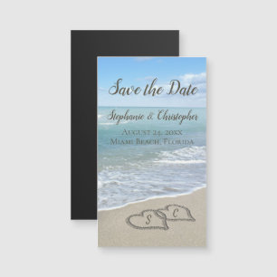 Carte Magnétique Mariage de plage Coeurs Monogrammes dans le sable