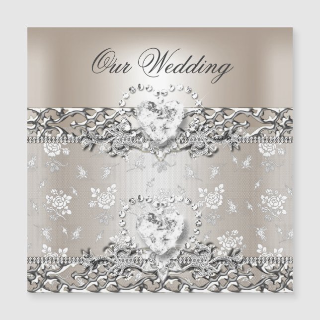 Carte Magnétique Mariage élégant Crème d'argent Diamond Heart Invit (Devant)