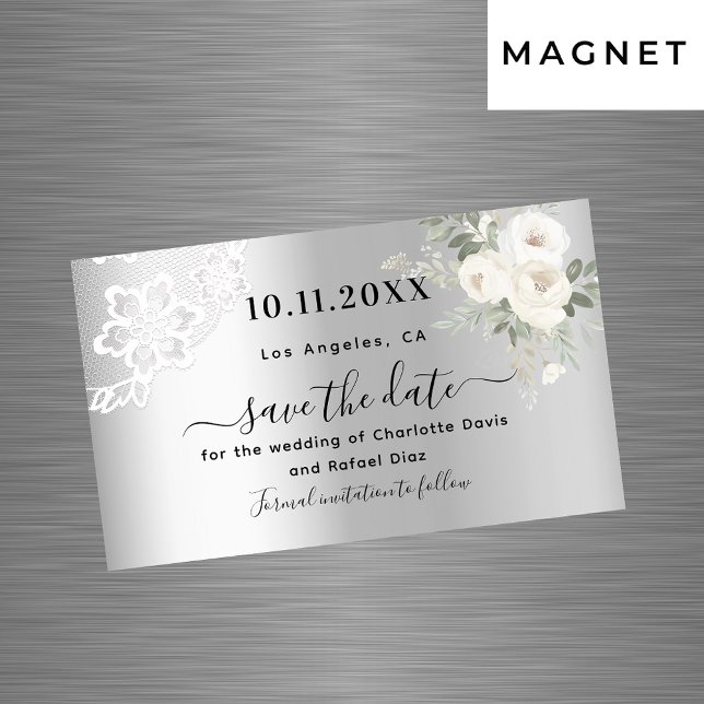 Carte Magnétique Mariage en dentelle blanche argent Enregistrer l'a (Créateur téléchargé)