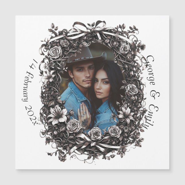 Carte Magnétique Mariage floral rustique, sépia. (Devant)