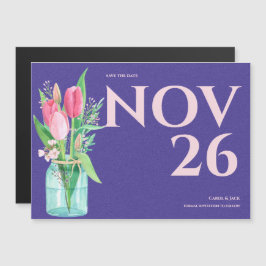 Carte Magnétique Mariage floral violet et blanc Enregistrer la date