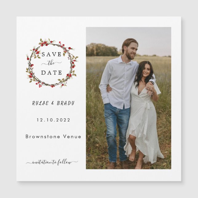 Carte Magnétique Mariage photo des baies d'hiver Enregistrer la dat (Devant)