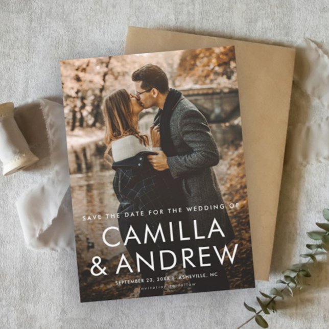 Carte Magnétique Mariage photo simple Enregistrer l'aimant Date (Simple photo wedding save the date magnet with modern typographic overlay.)