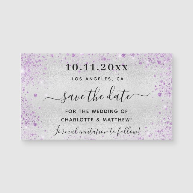 Carte Magnétique Mariage violet argenté enregistrer l'aimant de dat (Devant)