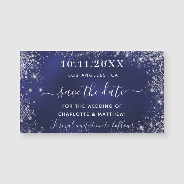 Carte Magnétique Marine bleu mariage argent enregistrer la date aim (Devant)