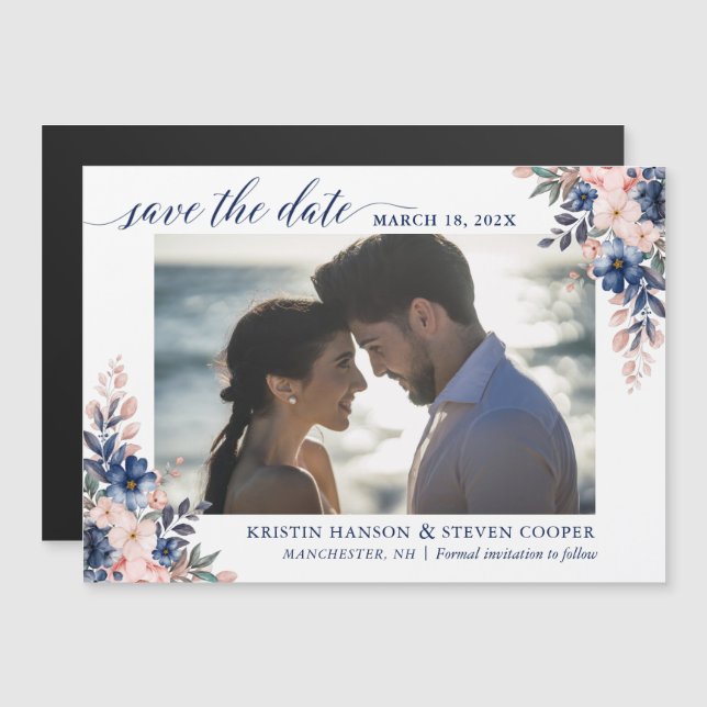 Carte Magnétique Marine Blue Peach Floral Photo Save the Date Magne (Devant / Derrière)