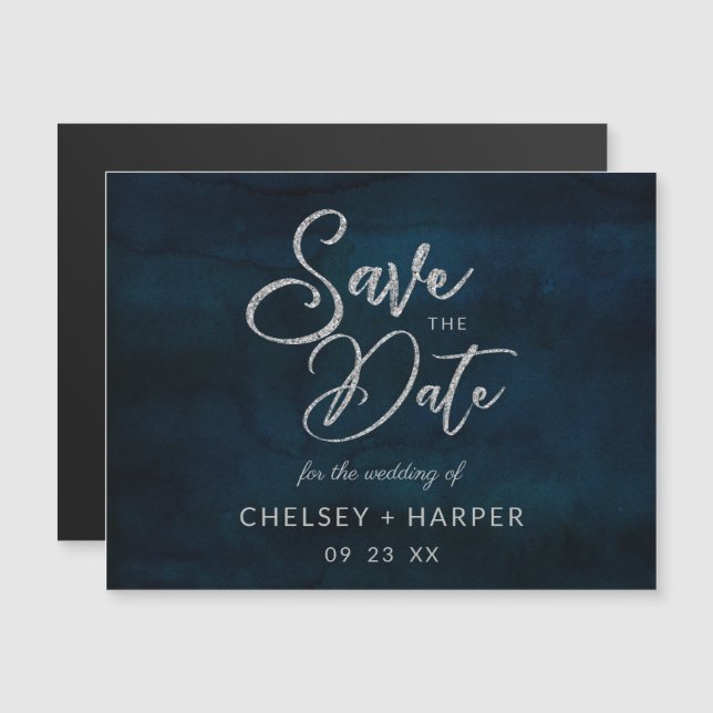 Carte Magnétique Marine Luster Dark Blue Silver Wedding Enregistrer (Devant / Derrière)