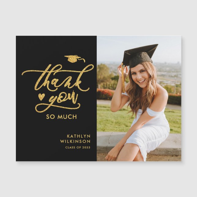 Carte Magnétique Merci de graduation Black Elegant Gold Script (Devant)