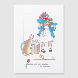 Carte Magnétique Mignonne fille Vintage avec Bonnet de Pâques, Lapi