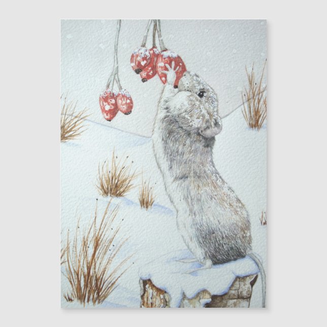 Carte Magnétique Mignonne souris mangeant des baies rouges neige sc (Devant)