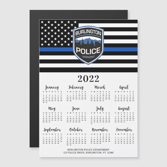 Carte Magnétique Mince Ligne Bleue Logo Police 12 Mois Calendrier 2 (Devant / Derrière)