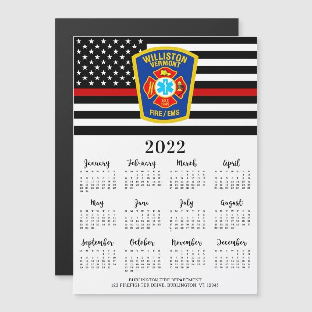 Carte Magnétique Mince Red Line Fire Department Logo 2022 Calendrie (Devant / Derrière)