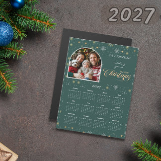Carte Magnétique Modern Green Snowflake Photo 2027 Calendar