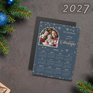 Carte Magnétique Modern Navy Blue Snowflake Photo 2027 Calendar