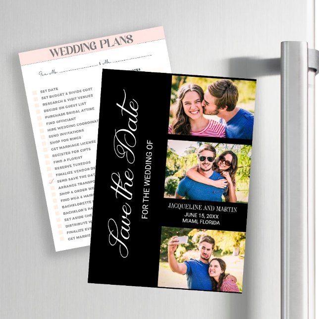 Carte Magnétique Moderne 3 Mariage photo noir (Wedding Save the Date 3-photo magnet )