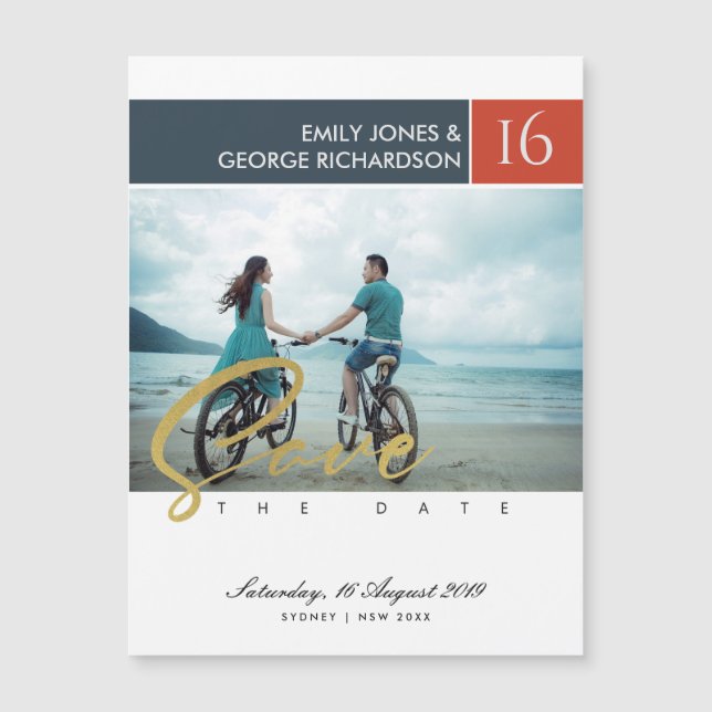 CARTE MAGNÉTIQUE MODERNE BRUSH SCRIPT COUPLE PHOTO ENREGISTRER LA D (Devant)