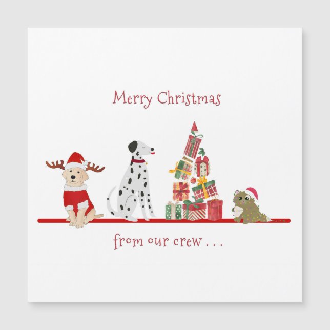 Carte Magnétique Noël de chiens et chats avec un arbre cadeau (Devant)