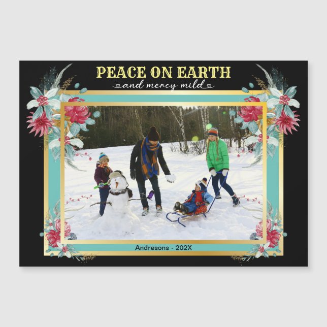 Carte Magnétique Noël Paix sur Terre Florale Photo de la famille (Devant)
