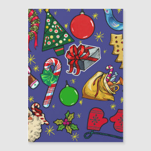Carte Magnétique Noël Rétro Vintage Coloré Bleu Rouge Vert