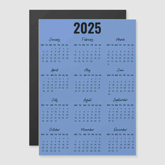Carte Magnétique Noir moderne Blanc 2025 Calendrier Pleine Année Vu (Devant / Derrière)