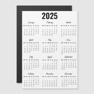 Carte Magnétique Noir moderne Blanc 2025 Calendrier Pleine Année Vu