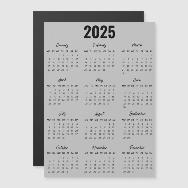Carte Magnétique Noir moderne Blanc 2025 Calendrier Pleine Année Vu (Devant / Derrière)