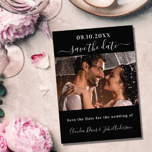 Carte Magnétique Noir script photo mariage enregistrer la date aima