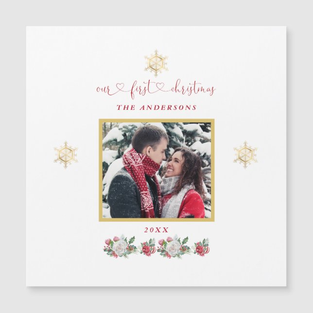 Carte Magnétique Notre premier Mariage photo floral de Noël (Devant)