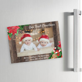 Carte Magnétique Notre Premier Noël Photo de Jumeaux en Bois Rustiq