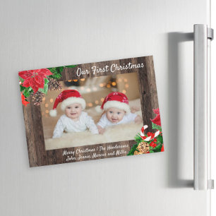 Carte Magnétique Notre Premier Noël Photo de Jumeaux en Bois Rustiq