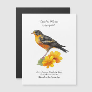 Carte Magnétique Octobre Fleur Marigold et naissance d'oiseaux
