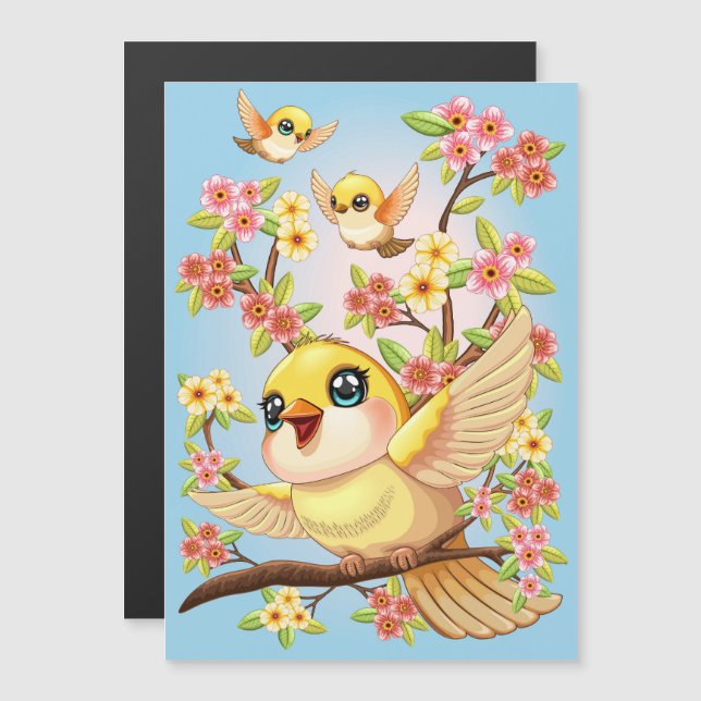 Carte Magnétique Oiseaux mignons et heureux parmi les fleurs du pri (Devant / Derrière)