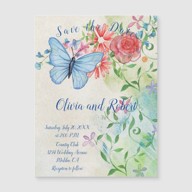 Carte Magnétique Papillon aquarelle et aimant rose rouge (Devant)