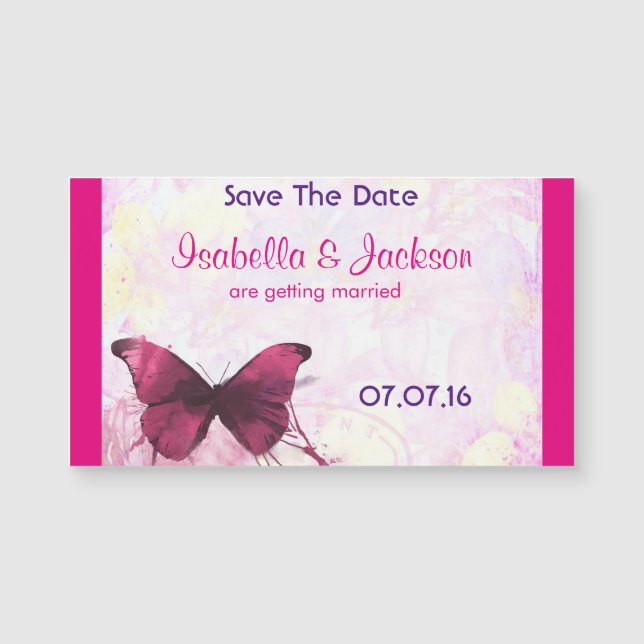 Carte Magnétique Papillon d'aquarelle violet sur rose (Devant)