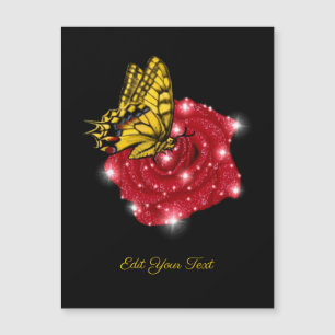Carte Magnétique Papillon sur rose rouge avec étoiles et gouttes de