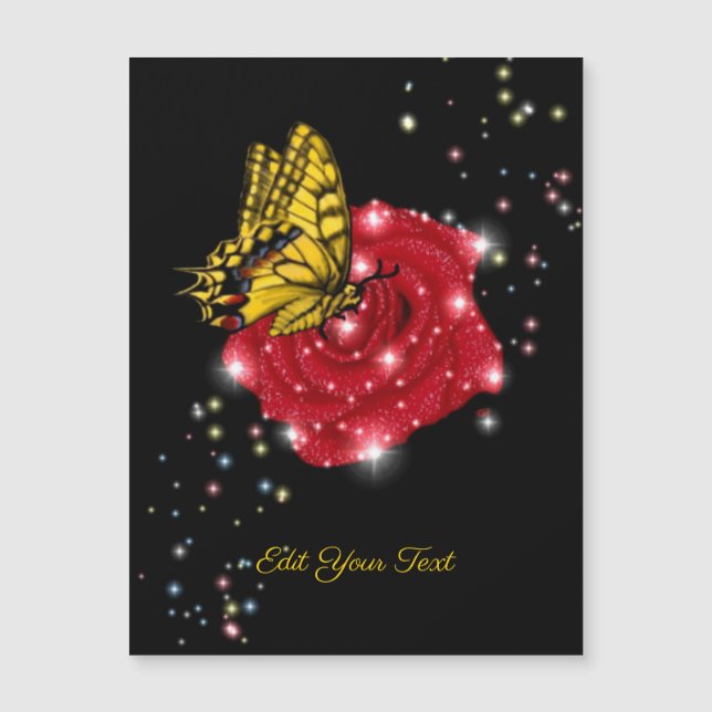 Carte Magnétique Papillon sur rose rouge avec étoiles et gouttes de (Devant)