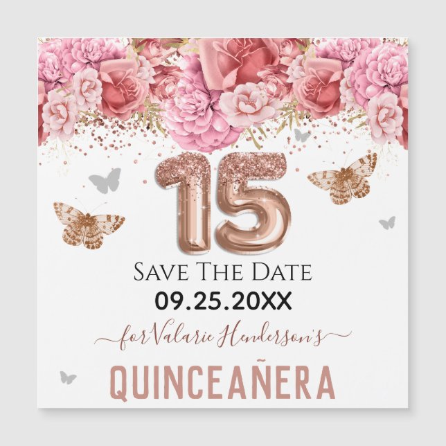 Carte Magnétique Papillons floraux Quinceañera rose Enregistrer la  (Devant)
